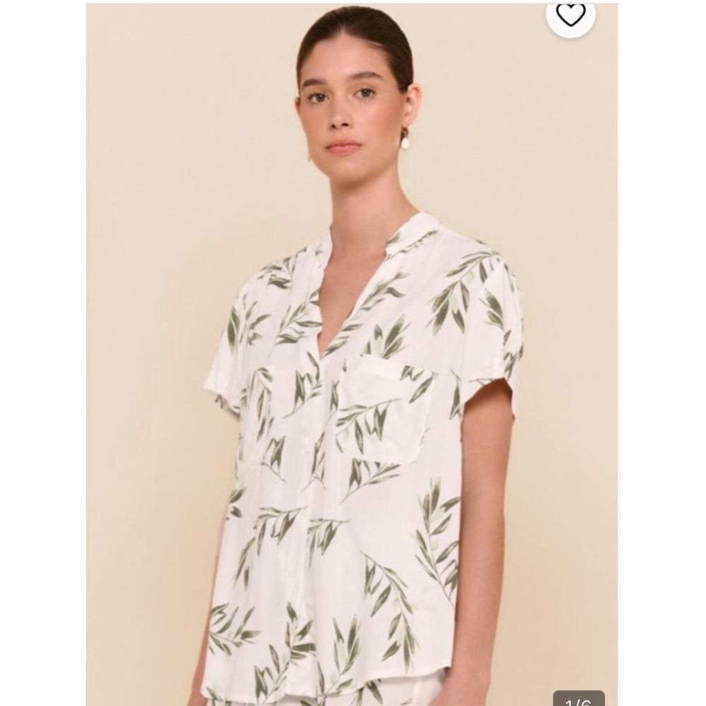 Piyama Women Olive Leaf Print Linen Blend Short Sleeve Button Down Shirt Small